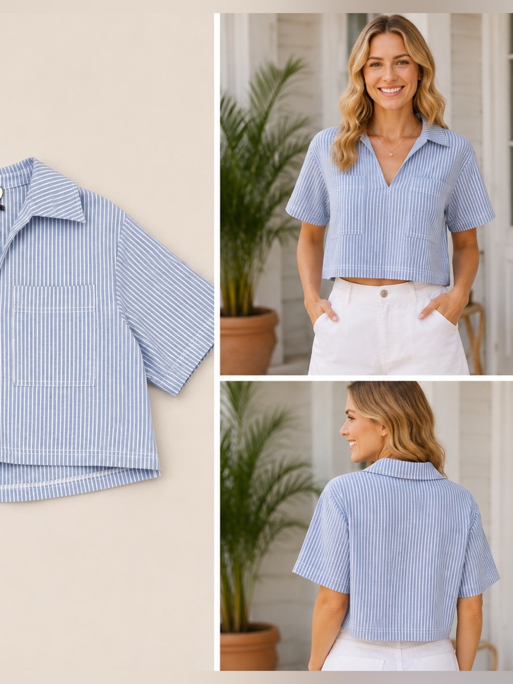 MEET ME IN SANTORINI - Collared Striped cropped Blouse NWT
